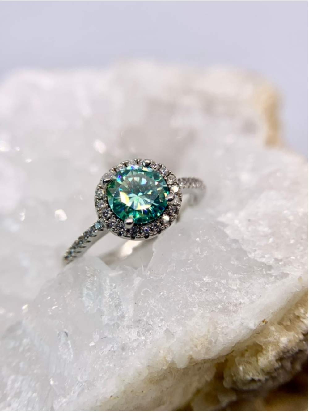 Blue Moissanite Halo Ring 925 Silver GRA 1 Ct